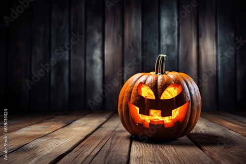 Halloween Pumpkin, Carved Jack Lantern, Scary Pumpkin on Table, Traditional Autumn Holiday