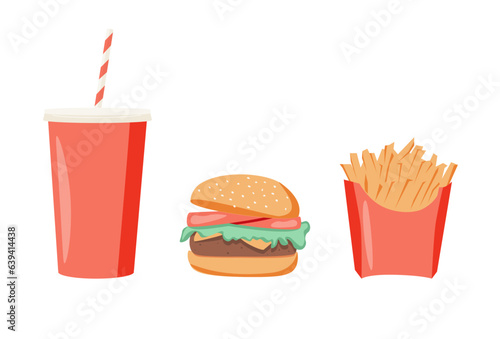 Fast food, street food doodle cartoon vector icon set. Cola, hamburger, scrambled eggs, brocheta, fried fish, tacos photo