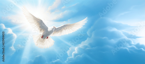 White Dove of Peace in the Air with Wings Wide Open Against Blue Sky