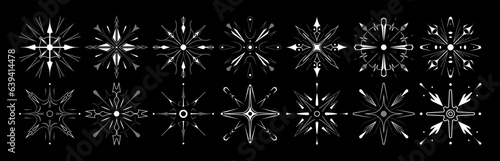 Set of stars and flares vector Y2k shapes. Astrological decorative vintage vector elements in art deco style. HUD Ui forms. Linear Victorian magic objects.	
