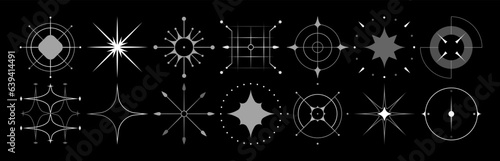 Set of stars and flares vector Y2k shapes. Astrological decorative vintage vector elements in art deco style. HUD Ui forms. Linear Victorian magic objects.	
