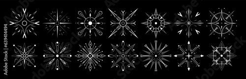 Set of stars and flares vector Y2k shapes. Astrological decorative vintage vector elements in art deco style. HUD Ui forms. Linear Victorian magic objects.	
