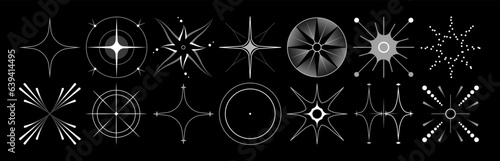 Set of stars and flares vector Y2k shapes. Astrological decorative vintage vector elements in art deco style. HUD Ui forms. Linear Victorian magic objects.	
