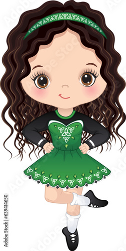 Vector Cute Girl Dancing Irish Dance in Traditional Celtic Dress