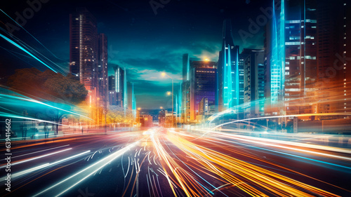 A modern high-rise building of the future alongside advanced road transport systems incorporating digital data exchange. Rapid light trails left by swiftly moving cars  Generative AI 