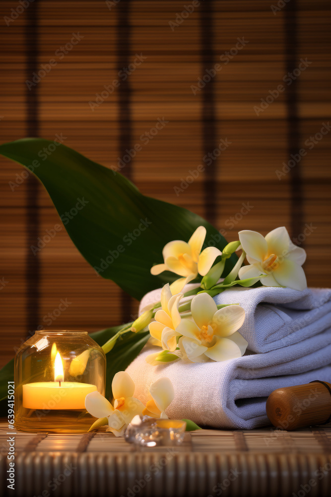 Close up of spa accessories, aroma oil therapy, candle and towel placed on bamboo mate