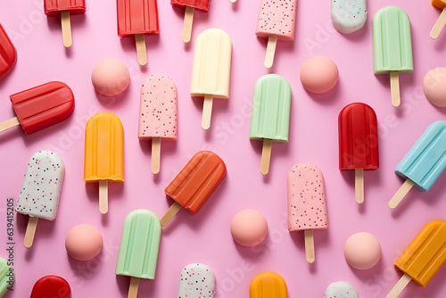 A playful arrangement of colorful popsicles forms a delightful pattern on a soft pink surface