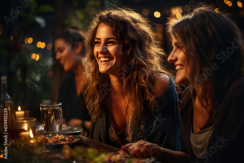 A young happy woman is spending the evening with friends at a restaurant.
