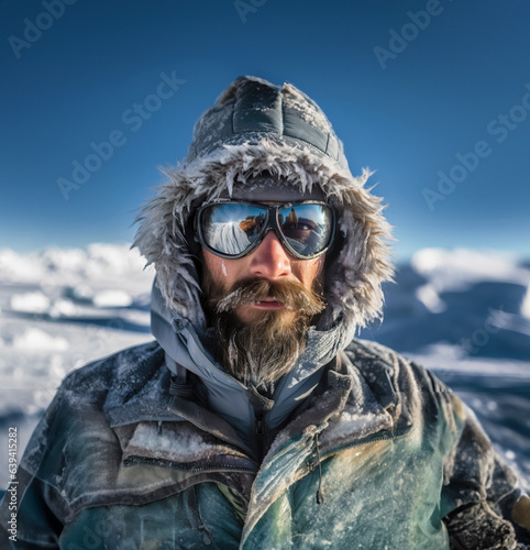 Young bearded hiker man in snowbound clothes outdoors in a icey clold snow capped mountains background photo