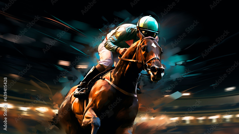 A digital illustration depicting a nighttime horse race, showcasing a thoroughbred horse and its jockey in action. Generative AI 