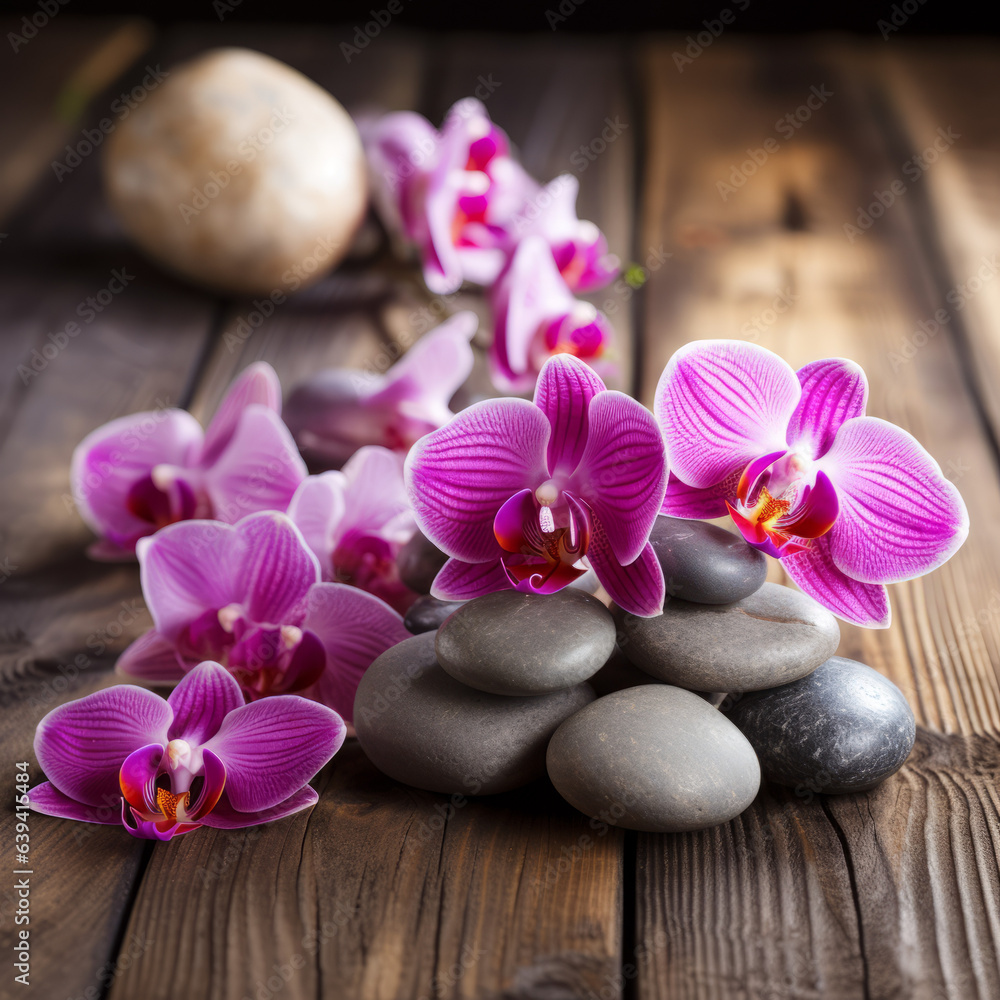 Spa stones on wooden table with orchids, with space for text Spa stones on wooden table with orchids, with space for text