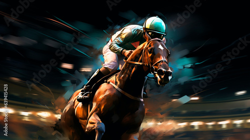 A digital illustration depicting a nighttime horse race, showcasing a thoroughbred horse and its jockey in action. Generative AI  © Yuriy Maslov
