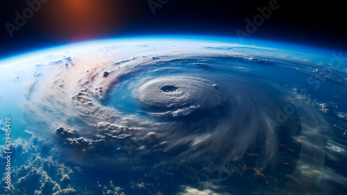 Satellite imagery of a hurricane moving across the Atlantic accompanied by a powerful oceanic super typhoon with a distinct central eye. Generative AI