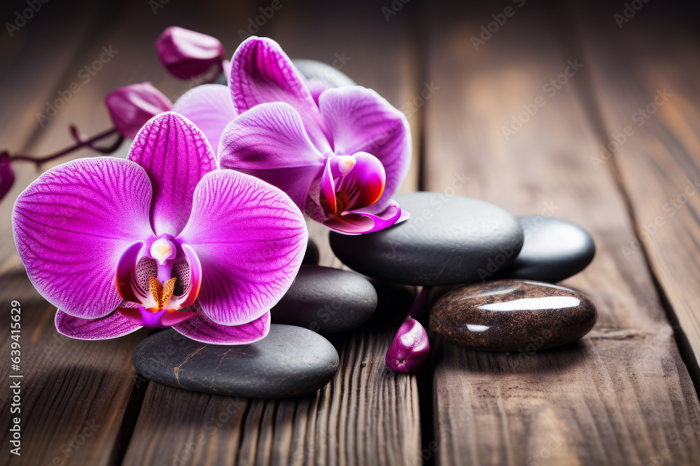 Spa stones on wooden table with orchids, with space for text Spa stones on wooden table with orchids, with space for text
