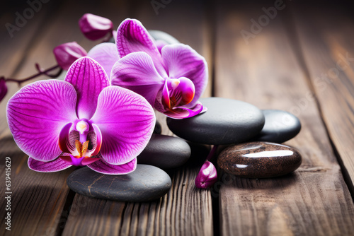 Spa stones on wooden table with orchids, with space for text
