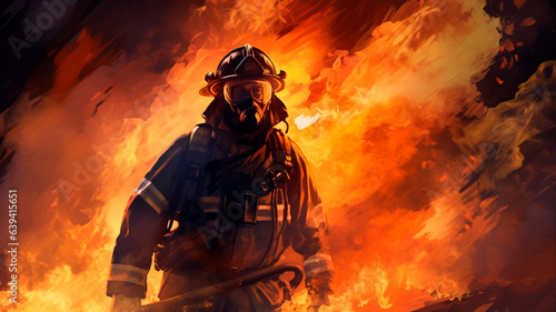 A visual representation featuring a firefighter positioned amidst roaring flames and engulfing smoke. Eliciting a sense of shock and high-risk circumstances. Generative AI 