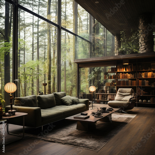 Nordic-style living room with large windows, natural light and warm colors. © Nichole