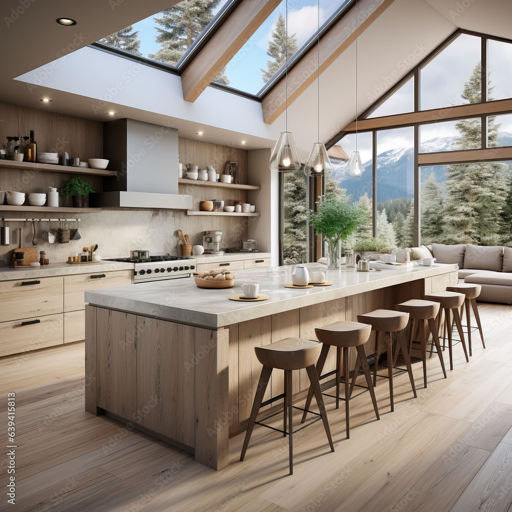 Lovely Nordic-style Kitchen. Natural wood, large windows