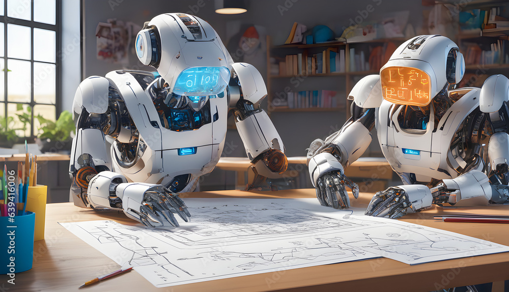 Fototapeta premium students robots with artificial intelligence learn math at school, concept new technologies, generative ai