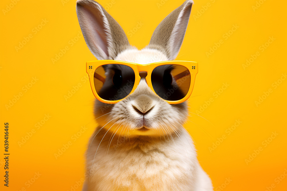 Cool real bunny with sunglasses on yellow background, generative AI