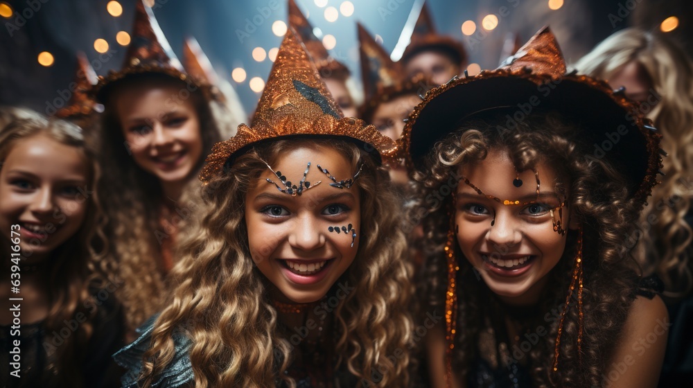 Girls with Halloween costumes taking selfie on a party celebrating with friends.