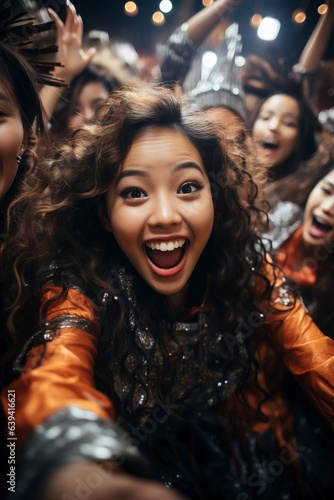 Girls with Halloween costumes taking selfie on a party celebrating with friends. © W&S Stock