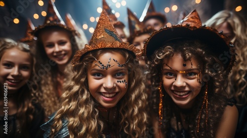 Girls with Halloween costumes taking selfie on a party celebrating with friends.