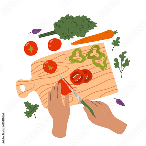 Home canning. Hands cut vegetables with a knife on cutting board. Tomatos, carrot, pepper, greens. Cooking food process. Colorful flat vector illustration.