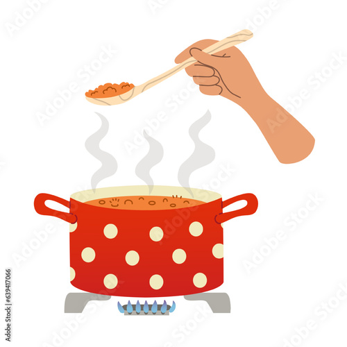 Hand hold spoon with food. Meal cooked in saucepan on a gas stove. Home cooking food process. Colorful flat vector illustration.