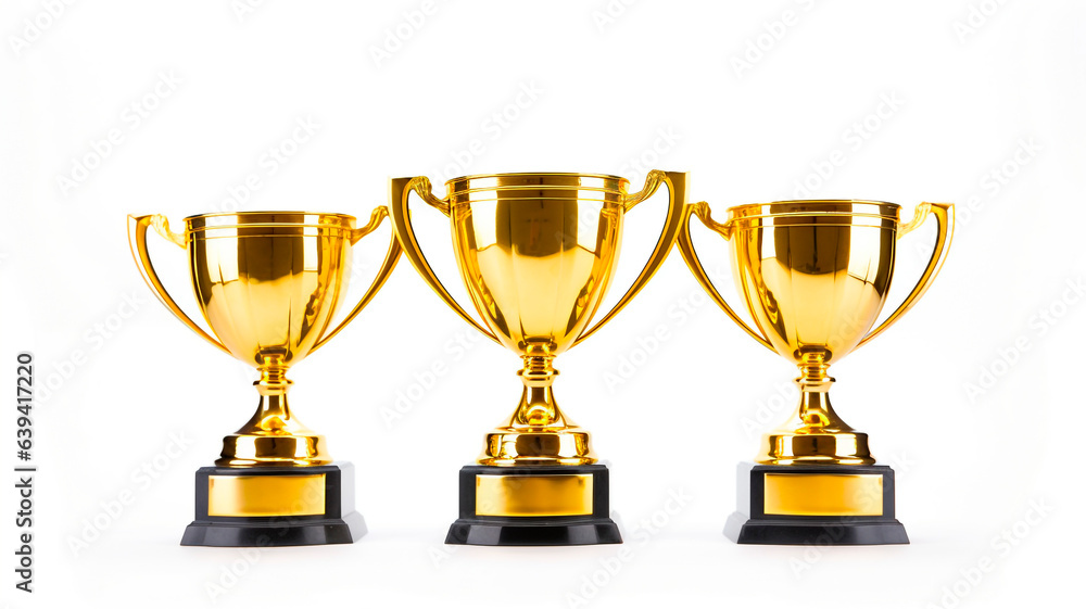 three gold trophy cup. on white background. Generative AI three gold trophy cup. on white background. Generative AI