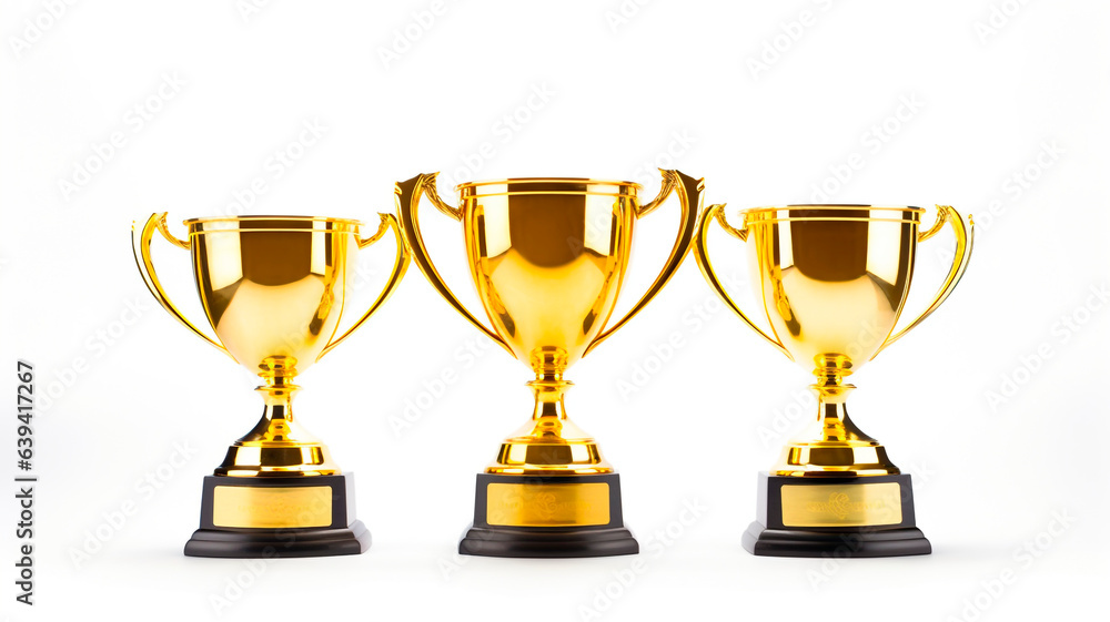 three gold trophy cup. on white background. Generative AI three gold trophy cup. on white background. Generative AI