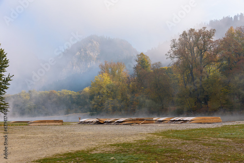 Wooden rafts at the raftinig marina on Dunajec River in Sromowce Nizne photo