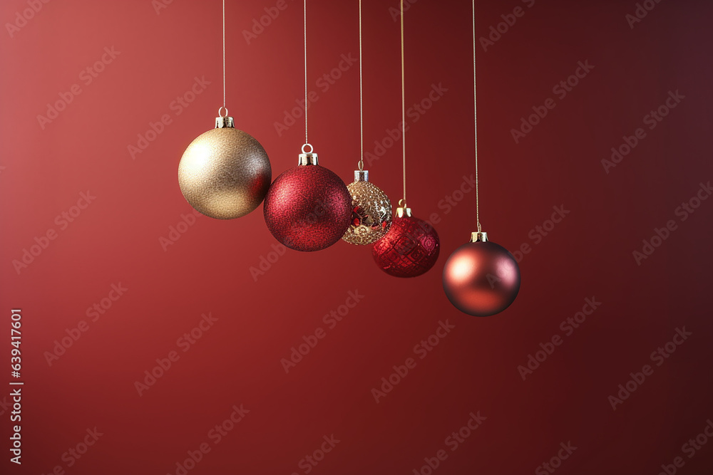 Red and gold Christmas decorative hanging balls on the red background. Generative AI Red and gold Christmas decorative hanging balls on the red background. Generative AI