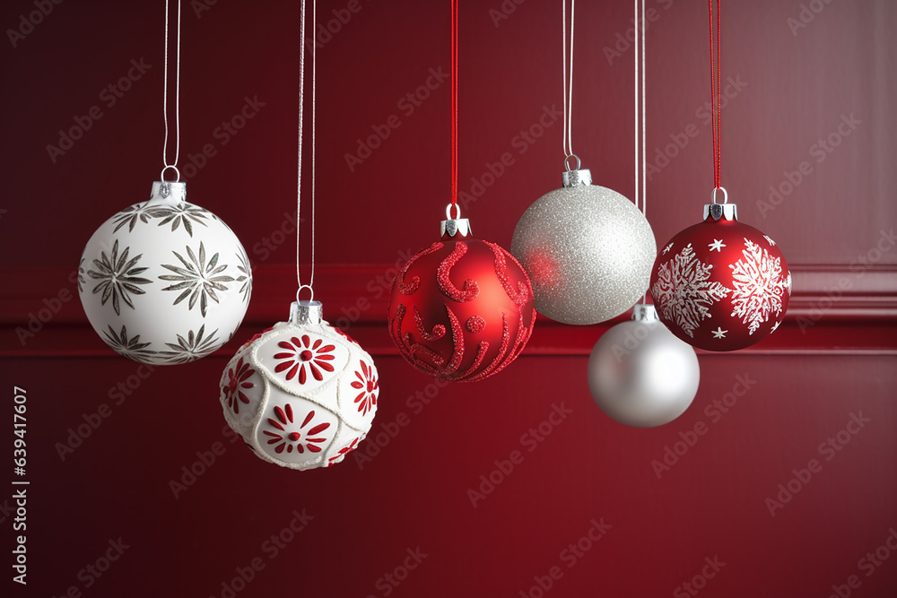 Red, white and silver Christmas hanging decorative balls with beautiful ornament. Generative AI Red, white and silver Christmas hanging decorative balls with beautiful ornament. Generative AI