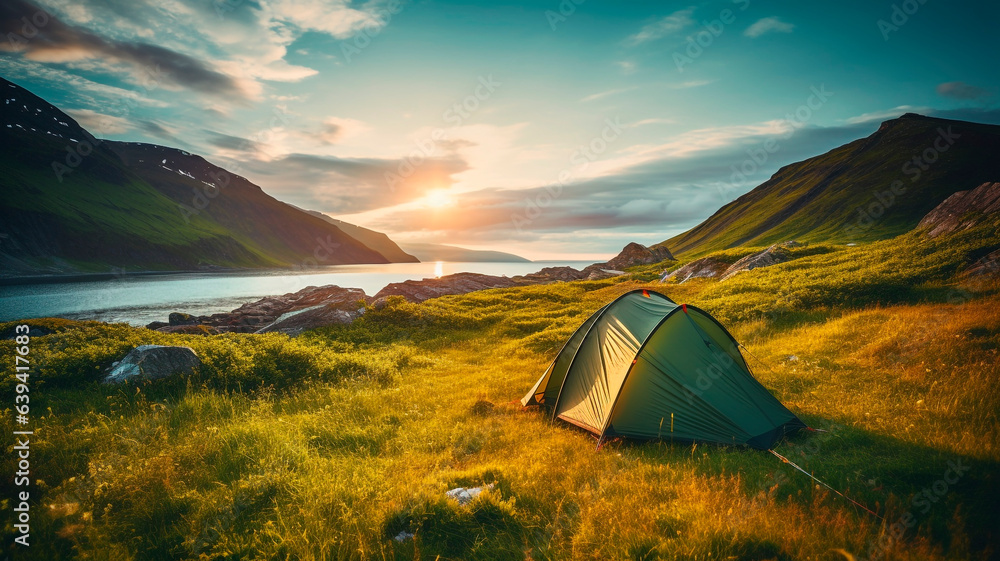 A photograph of a tent situated amidst the tranquility of nature, surrounded by a picturesque landscape during an outdoor camping experience. Generative AI