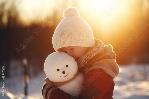 Child playing outdoors in winter with her toy. Generative AI © lanych