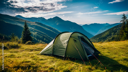 A photograph of a tent situated amidst the tranquility of nature, surrounded by a picturesque landscape during an outdoor camping experience. Generative AI