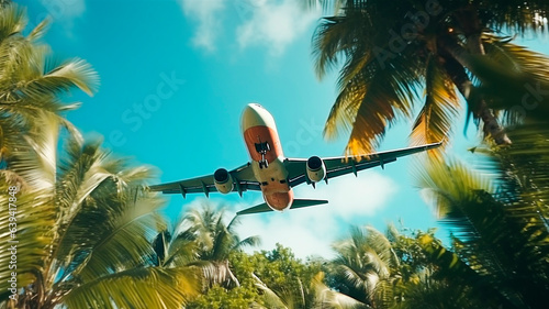  Aircraft soars above tropical islands and coastline, with a white passenger plane amidst the landscape. Generative AI