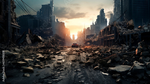 An ultra-realistic photograph of a post-apocalyptic cityscape with demolished structures in the background. Generative AI
