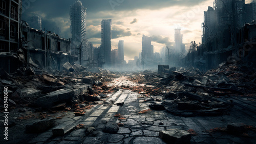 An ultra-realistic photograph of a post-apocalyptic cityscape with demolished structures in the background. Generative AI
