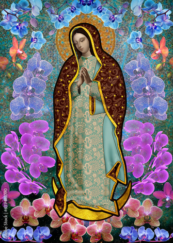 Virgin Guadalupe Floral Illustration Mexican Religious Art Orchid Background