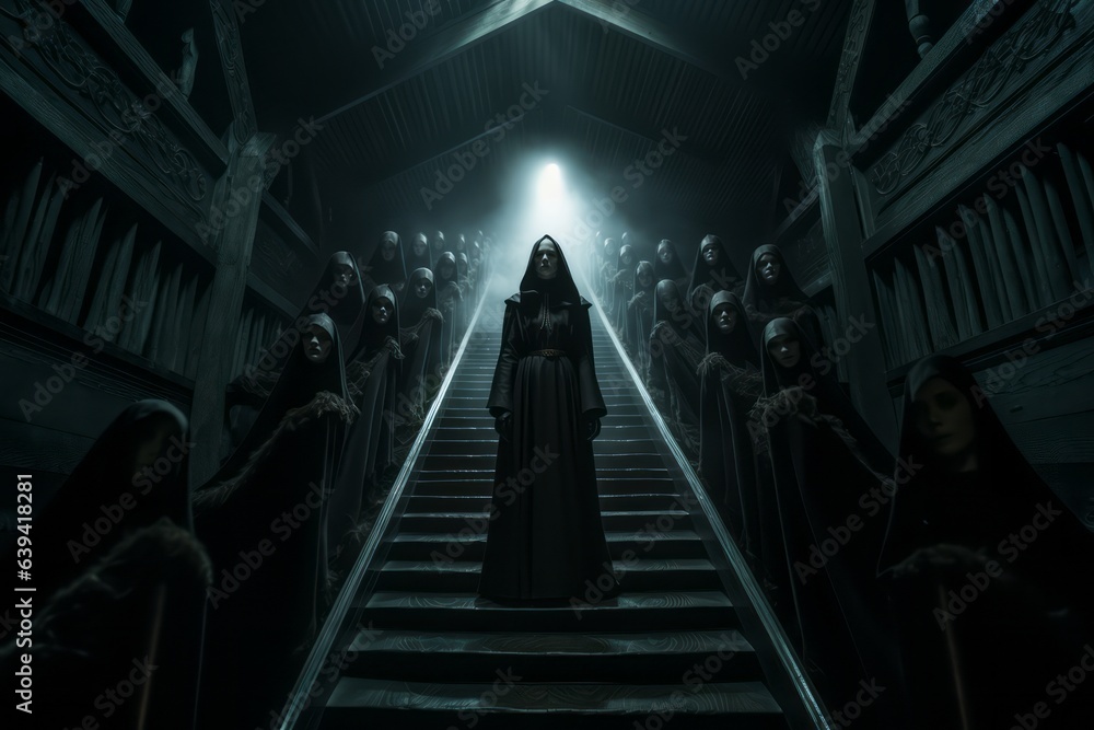 The evil nun's ascension from a chilling, shadowy environment, her form undergoing a haunting transformation as she journeys towards an unsettling heavenly realm. Generative Ai The evil nun's ascension from a chilling, shadowy environment, her form undergoing a haunting transformation as she journeys towards an unsettling heavenly realm. Generative Ai