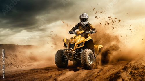 a rider in a helmet driving an ATV rides through the desert, cutting through the sand. Generative AI