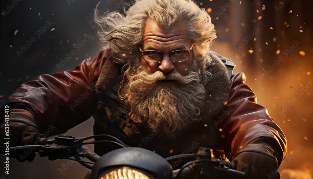 Close-up portrait of a brutal man with a beard on a motorcycle