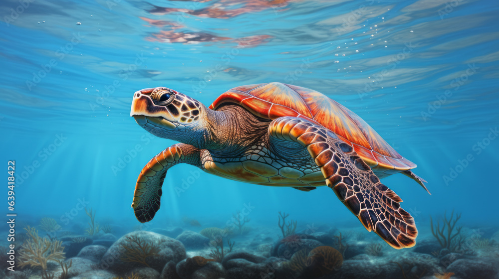 Obraz premium A majestic green turtle gracefully swimming in