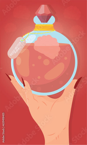 Hand holding a magical read mind potion elixir Vector