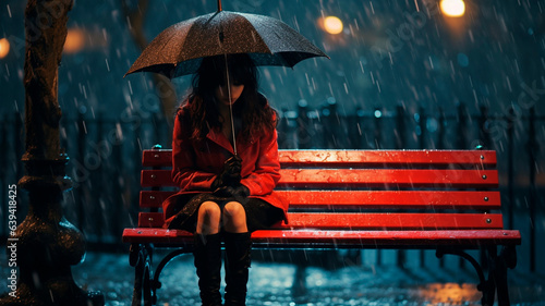 sad girl sitting in the park in the rain, depressed and sad. Generative AI