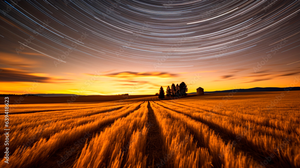 The golden ears of wheat in the field sway with the wind, star trail photography, Generative AI