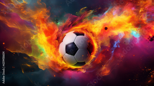 A soccer ball engulfed in flames and