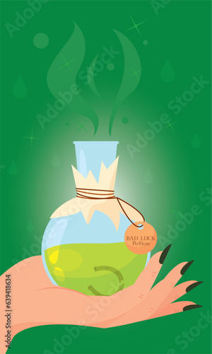 Hand holding a magical luck potion elixir Vector